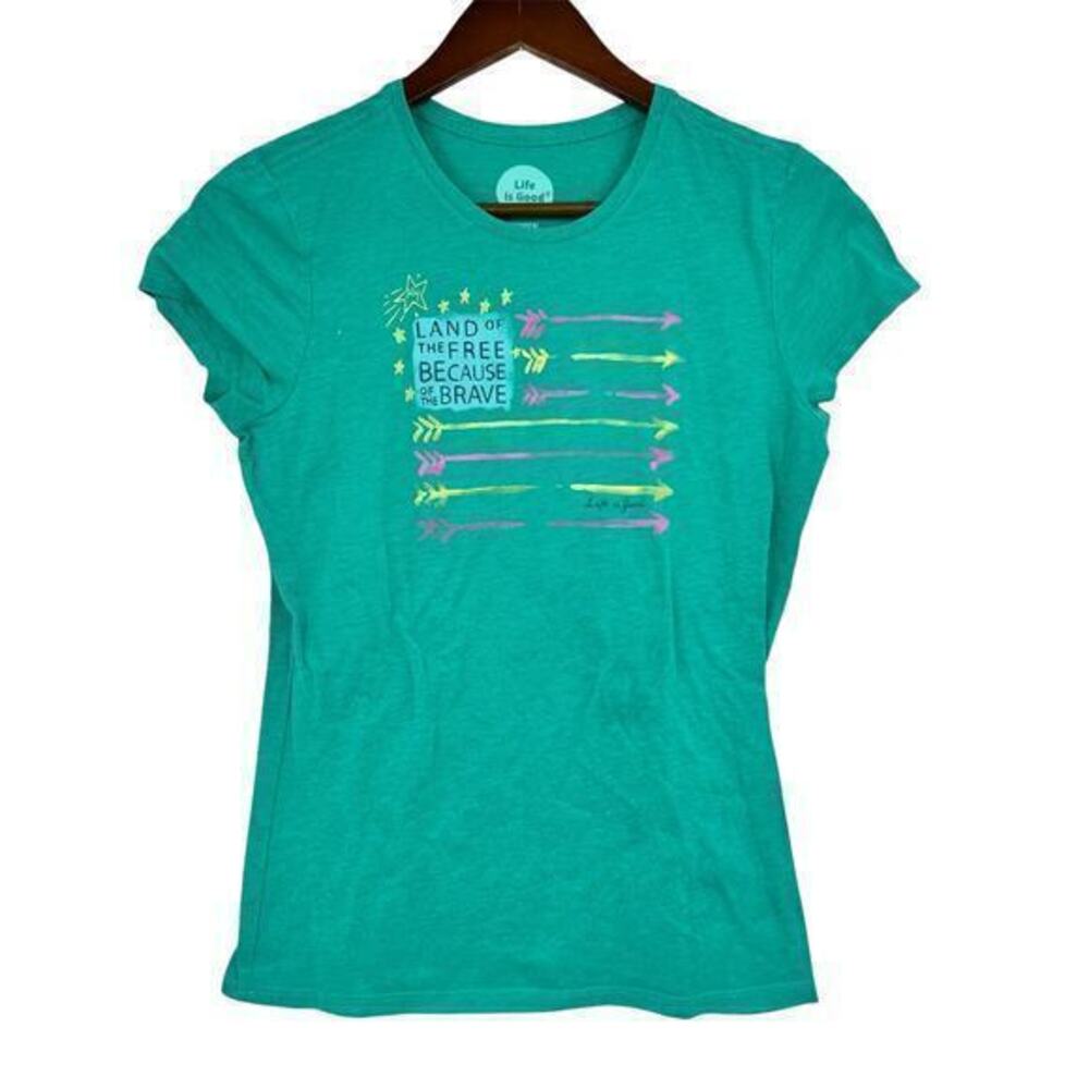 Life is Good green Land of the Free Because of the Brave fitted t-shirt sz small